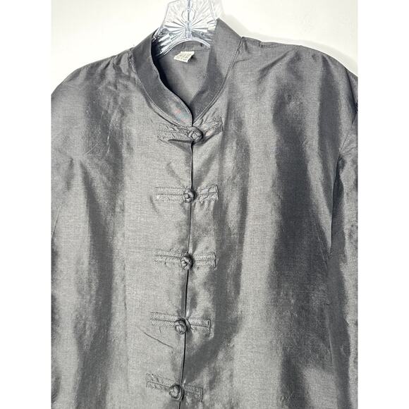 Vintage 100% Thai Silk Jacket Black Mandarin Collar Frog Buttons large - Picture 7 of 14
